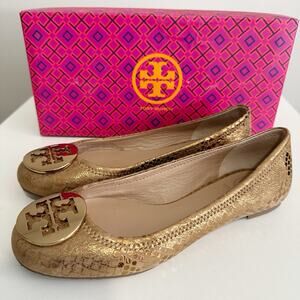 NIB Tory Burch Reva Ballet Flats Metallic Cobra Size 6.5 Bronze NEW
